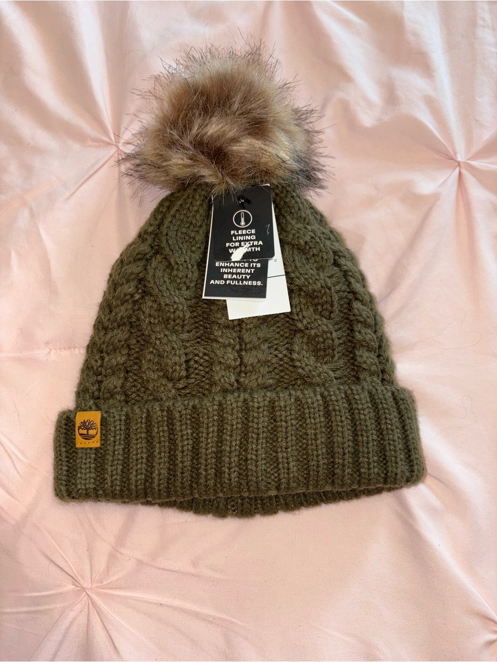 Timberland Olive Green Cable Knit Beanie with Faux Fur Pom